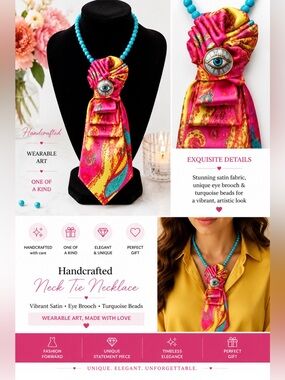 Vibrant Pink & Yellow Patterned Satin Tie Necklace with Turquoise Beads